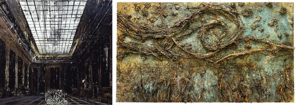 Collage van twee kunstwerken van Kiefer. Links 'Innenraum' (1981) en rechts 'De sterrennacht' (2019)